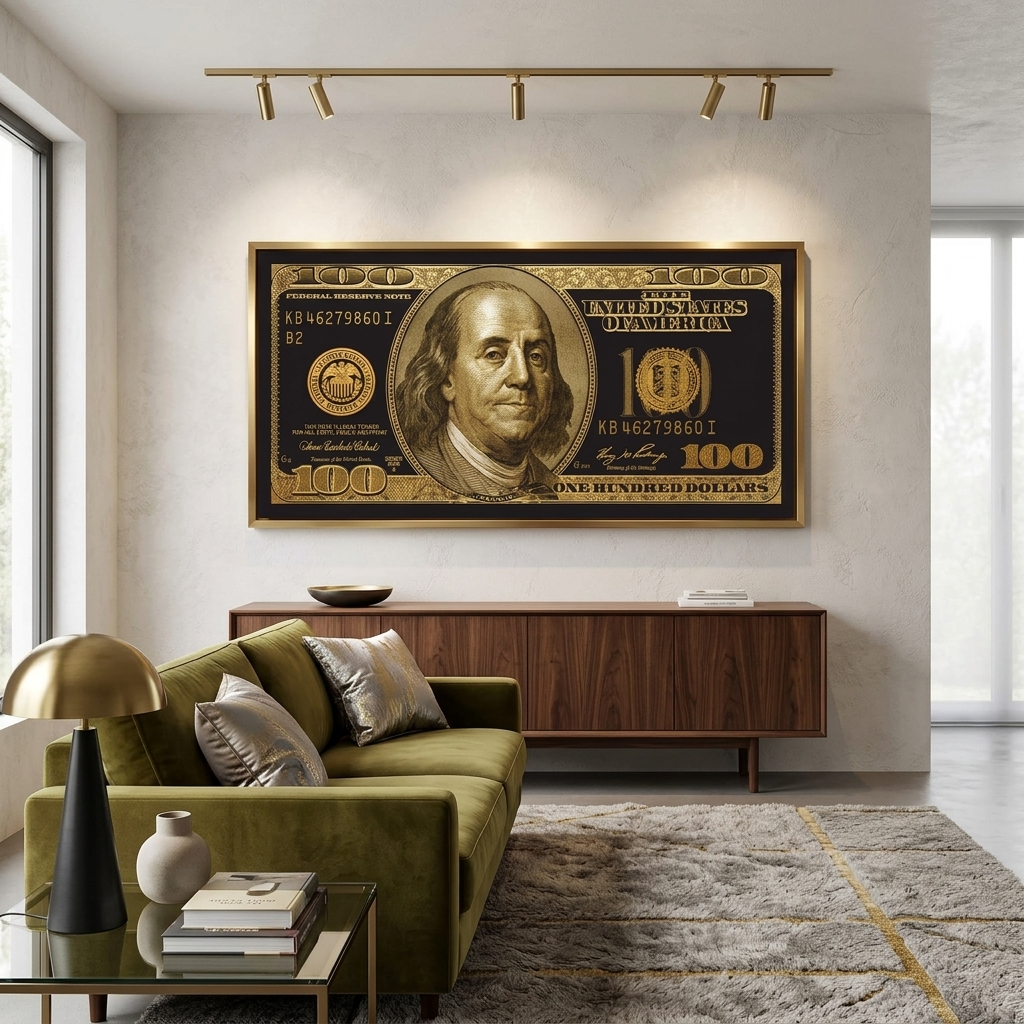 100 Dollar goldener und schwarzer inspirierender Kunstdruck auf Leinwand