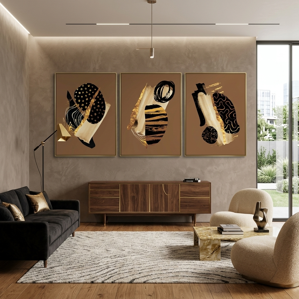 Modularer abstrakter Kunstdruck auf mehrteiliger Leinwand in den Farben Gold, Schwarz und Beige