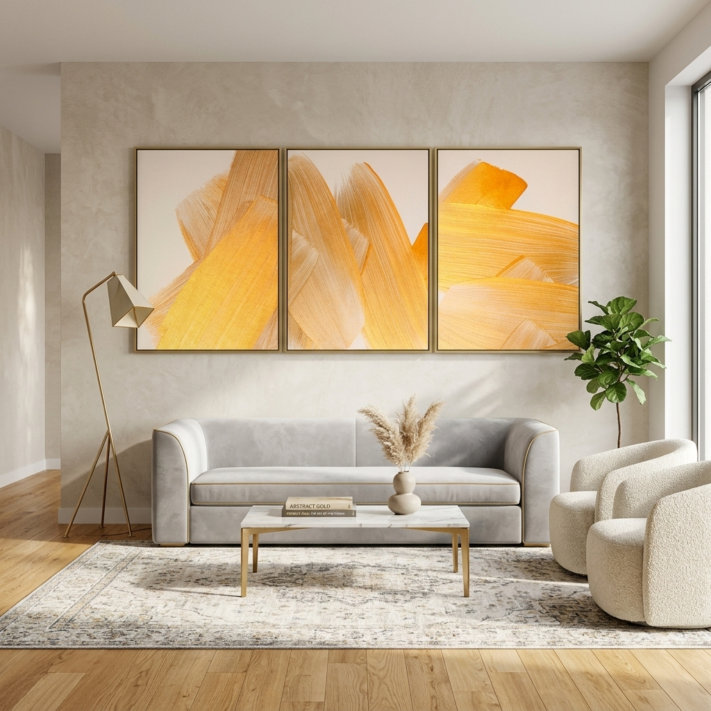 Modularer Kunstdruck auf Leinwand, Motiv: goldene Striche auf beigem Hintergrund, mehrere Teile