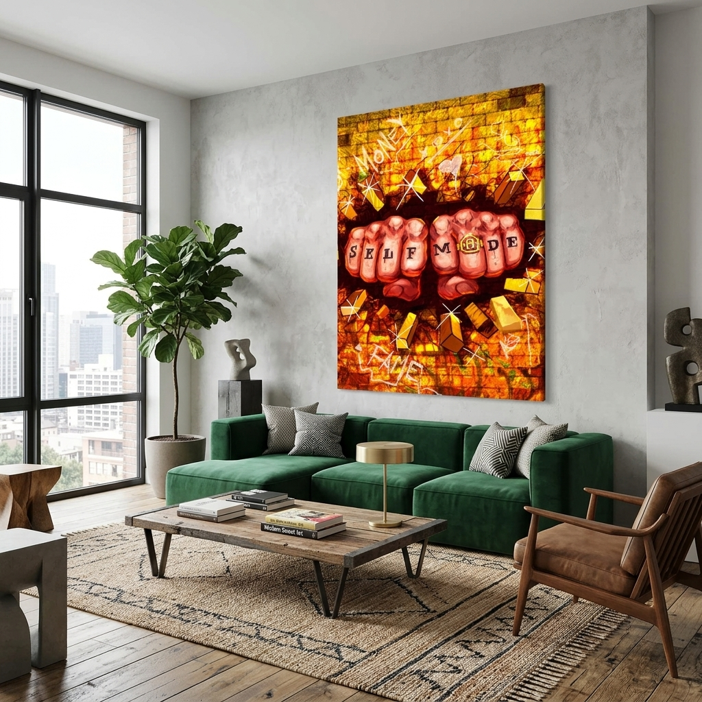 Zwei Fäuste und eine goldene Wand Motivierender Kunstdruck auf Leinwand