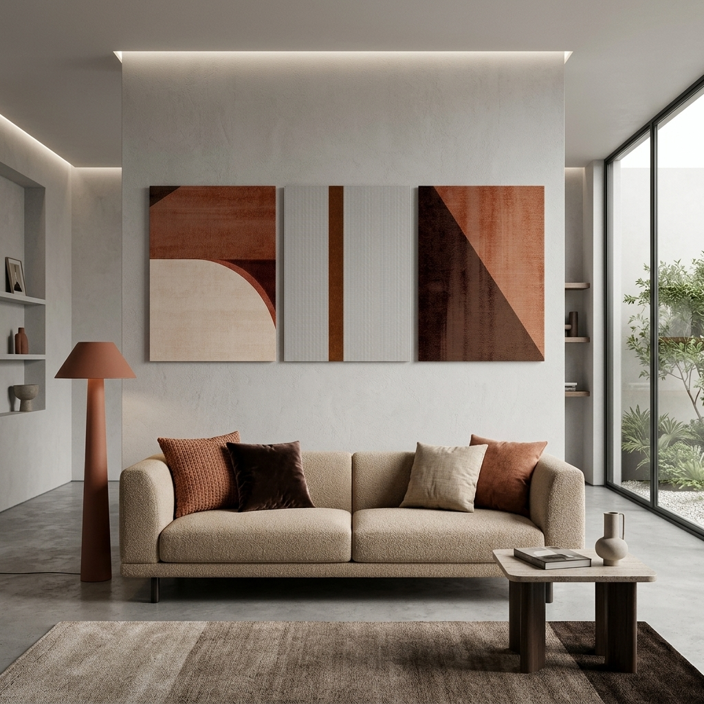 Modulares abstraktes Bild mit einer ausgeprägten braunen Farbe. Mehrteiliger Kunstdruck auf Leinwand