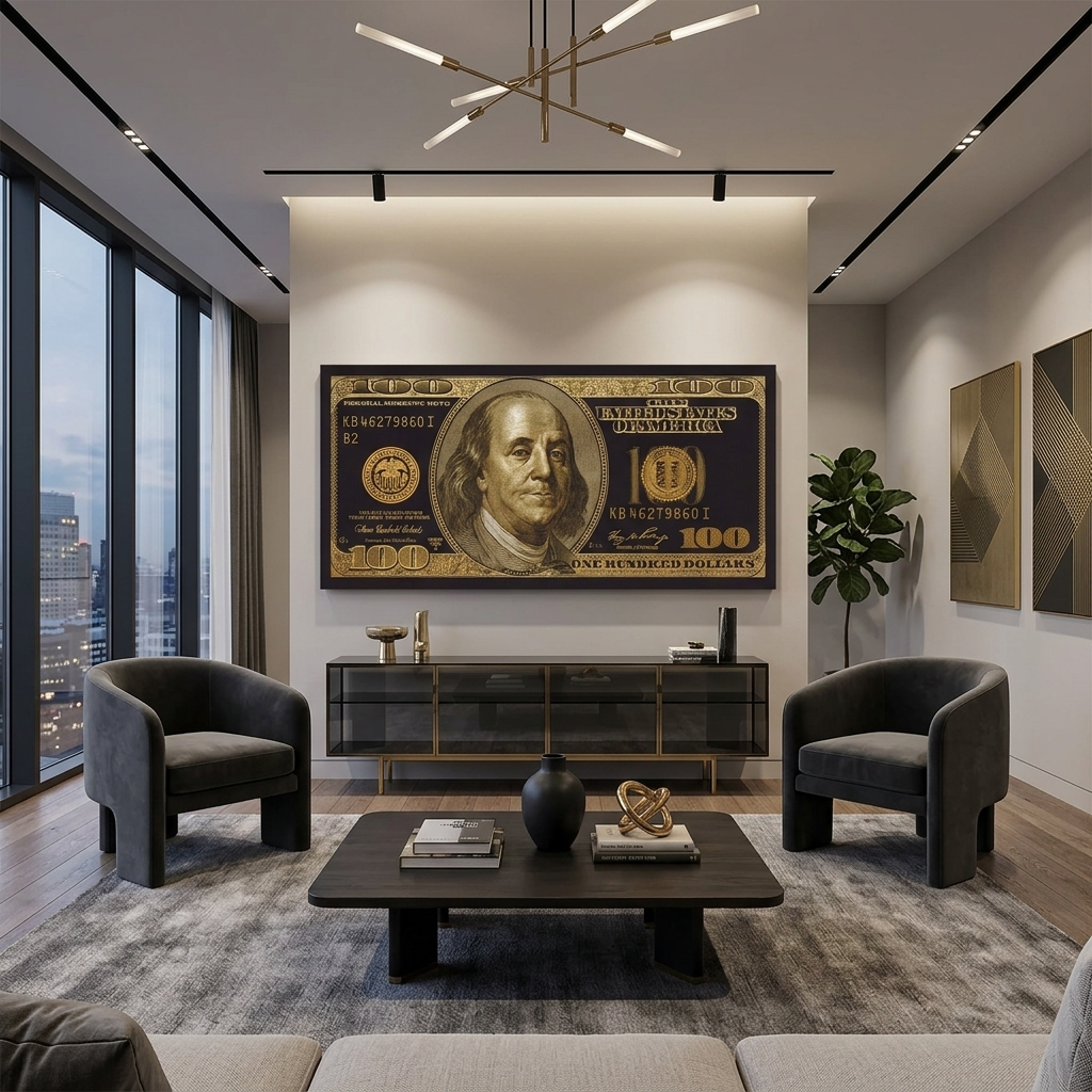 100 Dollar goldener und schwarzer inspirierender Kunstdruck auf Leinwand