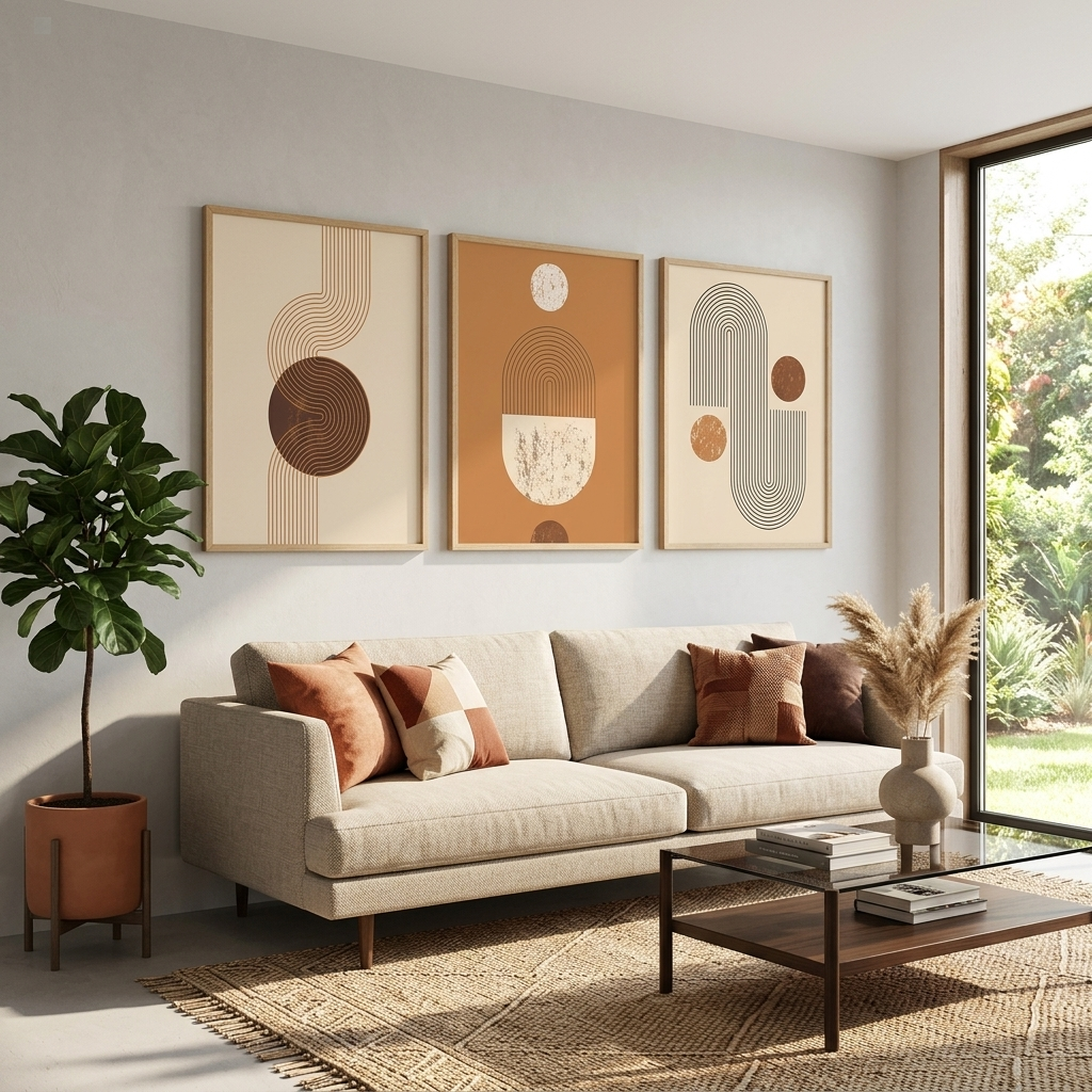 Modularer Kunstdruck auf Leinwand mit Figuren in Beige und Braun, mehrere Teile