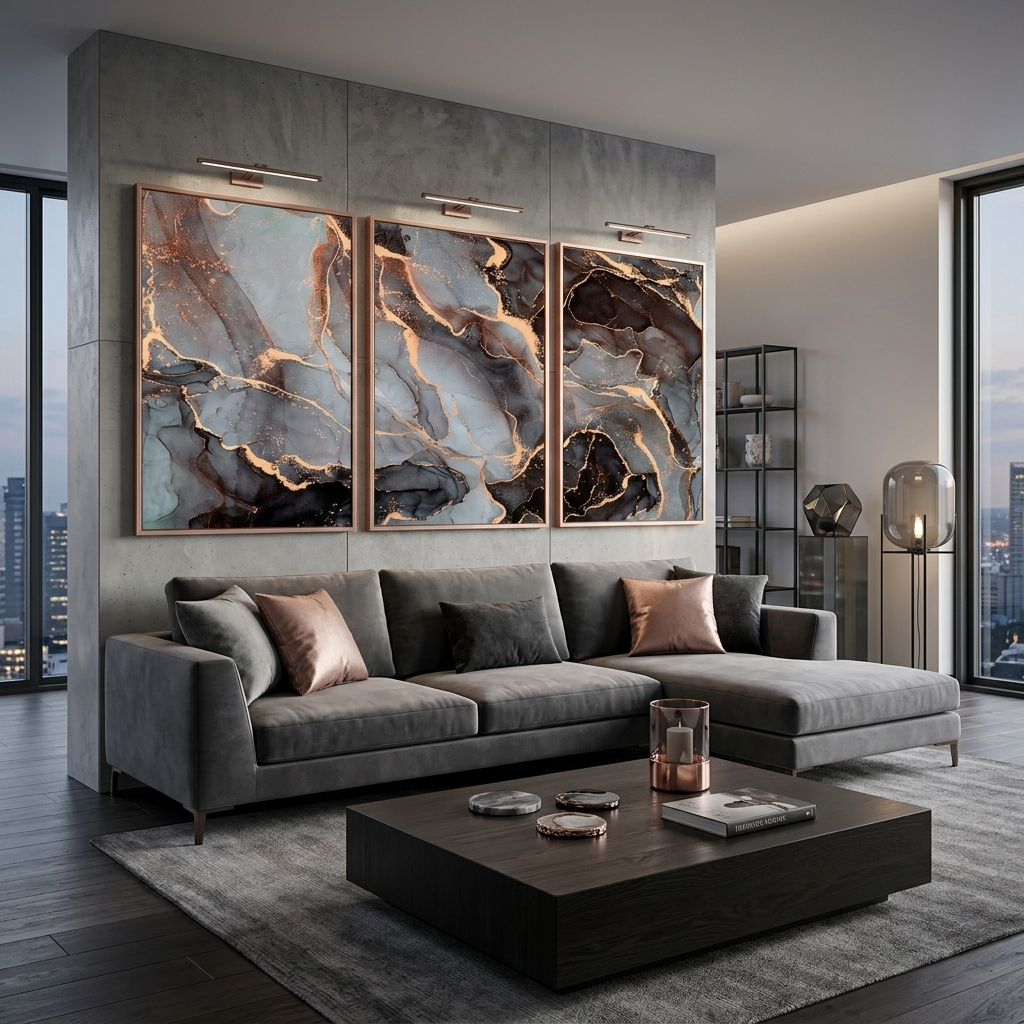 Modularer Kunstdruck auf Leinwand, mehrteilig, grau-gold, Abstraktion