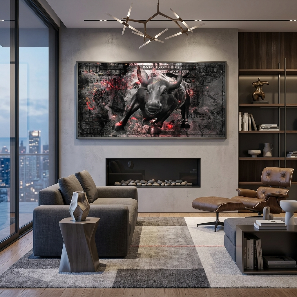 100 Dollar mit einem angreifenden Stier Inspirierender Kunstdruck auf Leinwand