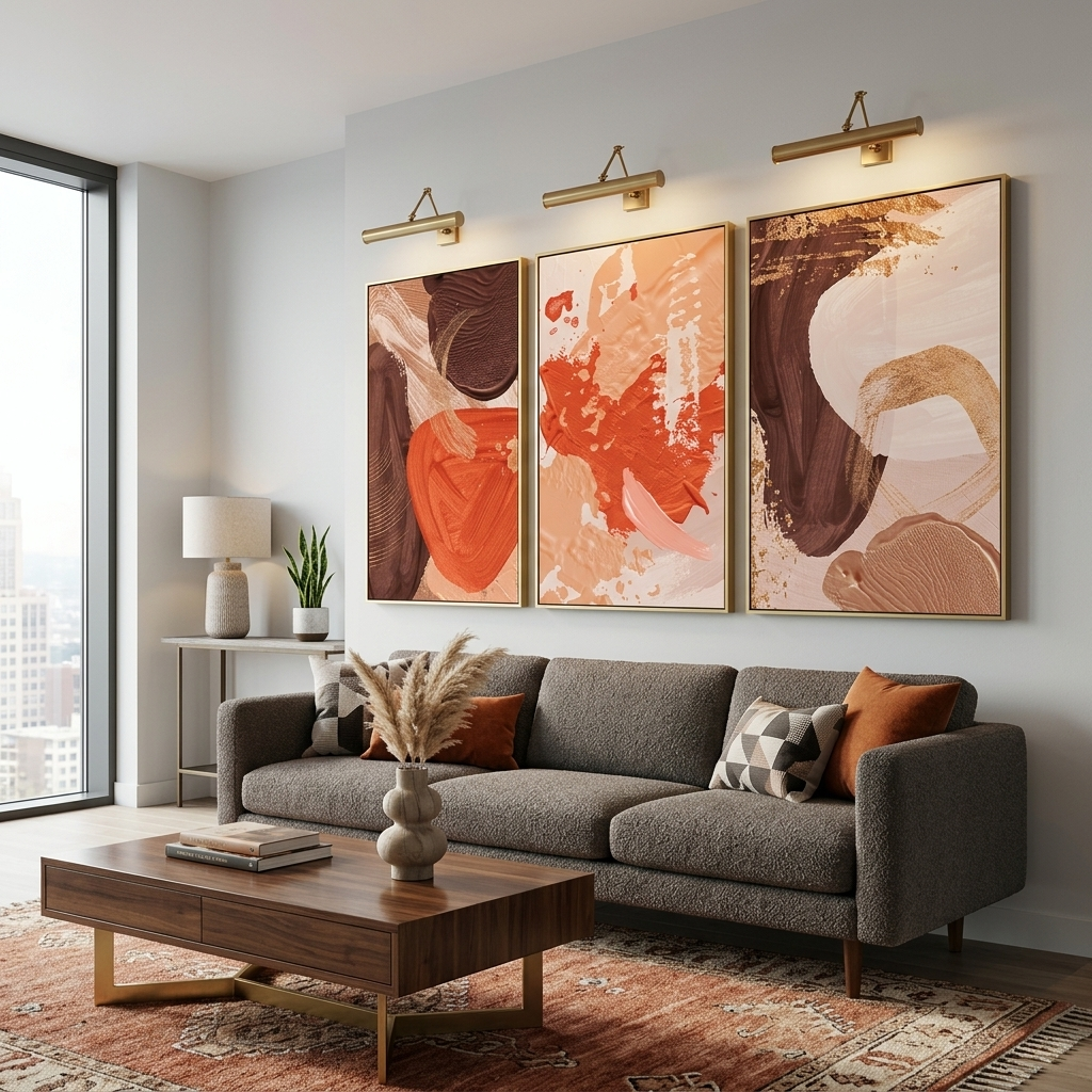 Modularer abstrakter Kunstdruck auf mehrteiliger Leinwand in Beige- und Orangetönen