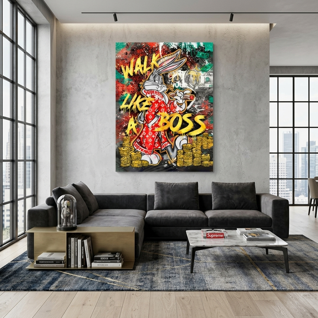 Kunstdruck auf Leinwand, Motiv: Hase mit Zigarre vor einem Hintergrund aus Dollar- und Goldmünzen
