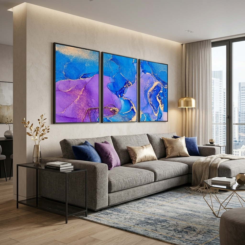 Modularer abstrakter Kunstdruck auf Leinwand, mehrere Teile, in Lila- und Blautönen