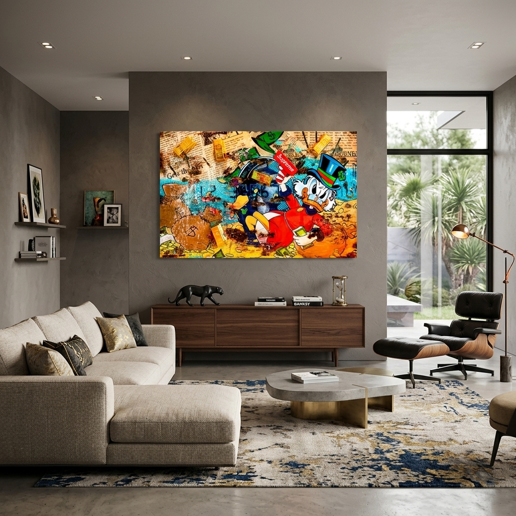 Dagobert Duck und seine SUPER-Waffe im Goldtresor, inspirierender Kunstdruck auf Leinwand