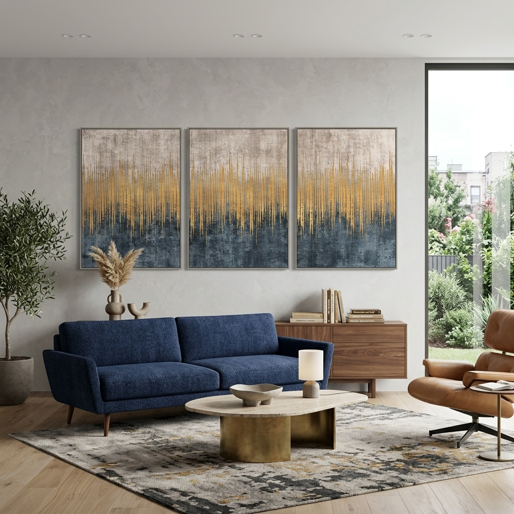 Modularer abstrakter Kunstdruck auf mehrteiliger Leinwand in Beige und Grau mit Gold