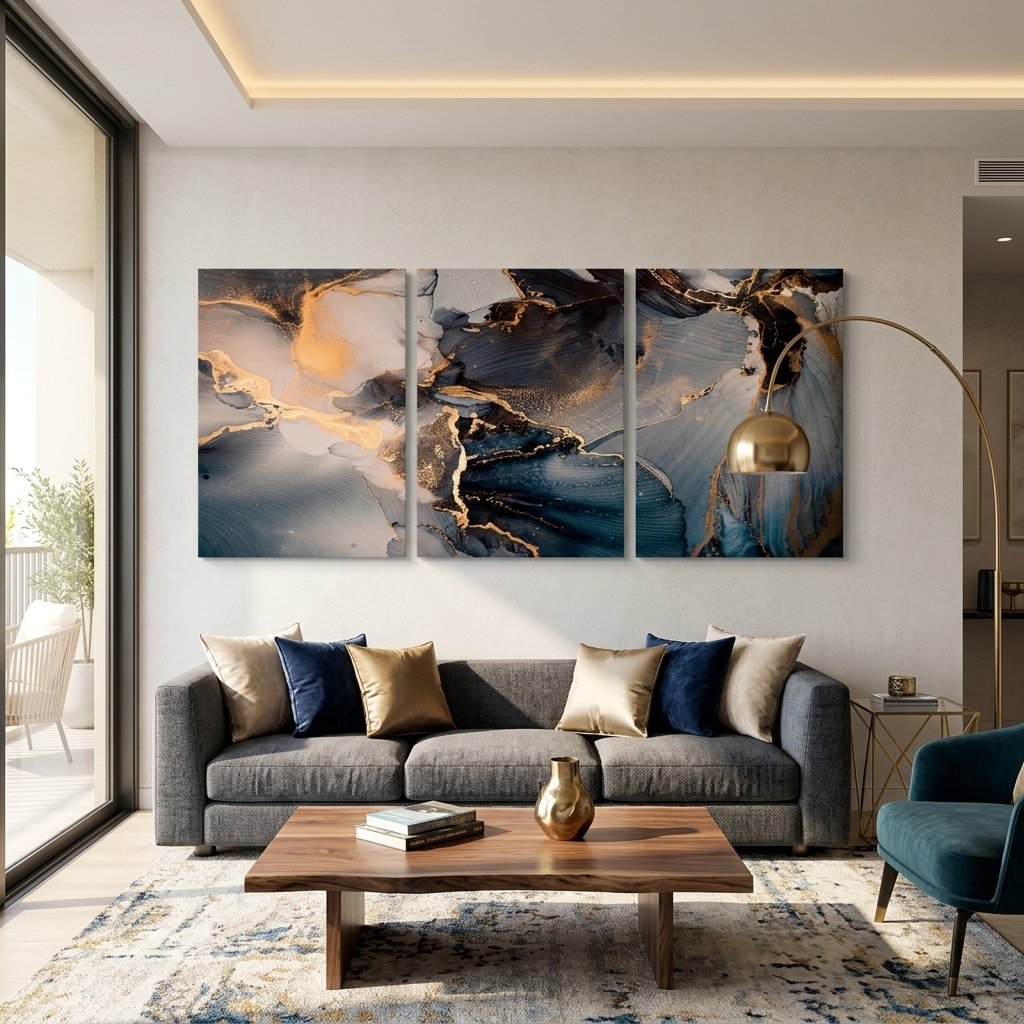Modularer Kunstdruck auf mehrteiliger Leinwand in Marineblau mit abstrakten goldenen Elementen