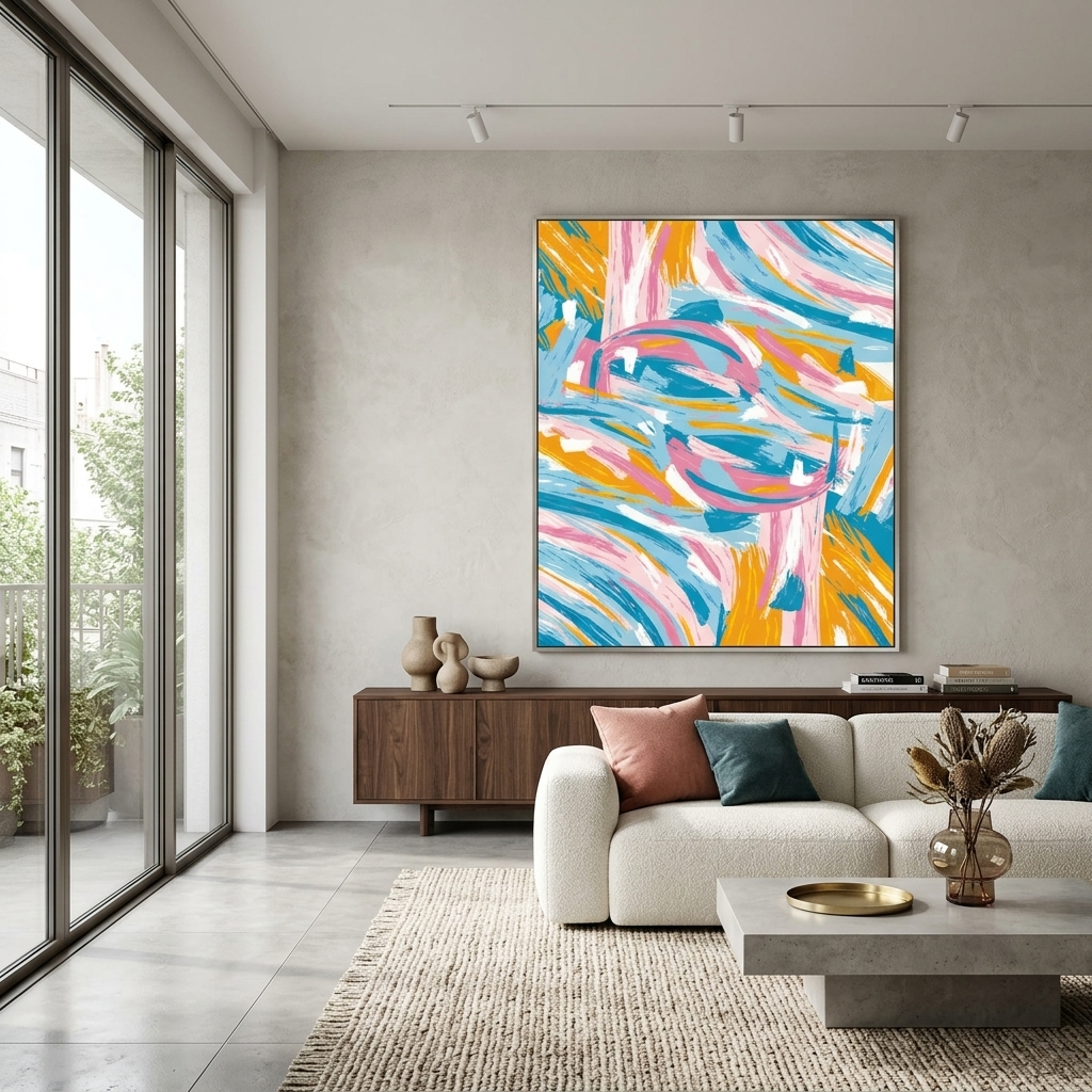 Orange, rosa und blaue Farblinien-Abstraktion. Abstraktion auf Leinwand, Wand-Kunstdruck
