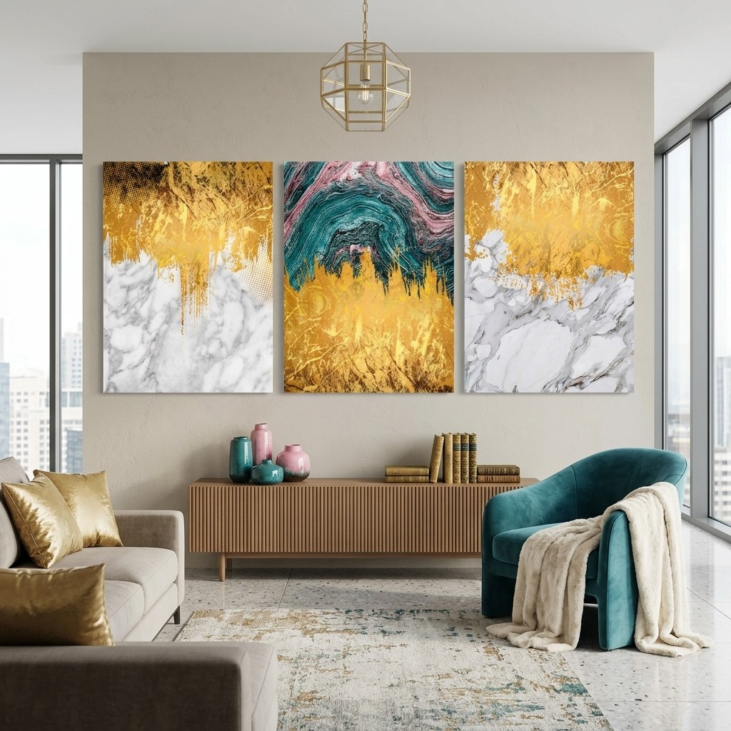 Modularer abstrakter Kunstdruck auf mehrteiliger Leinwand in Weiß, Grau und Gold