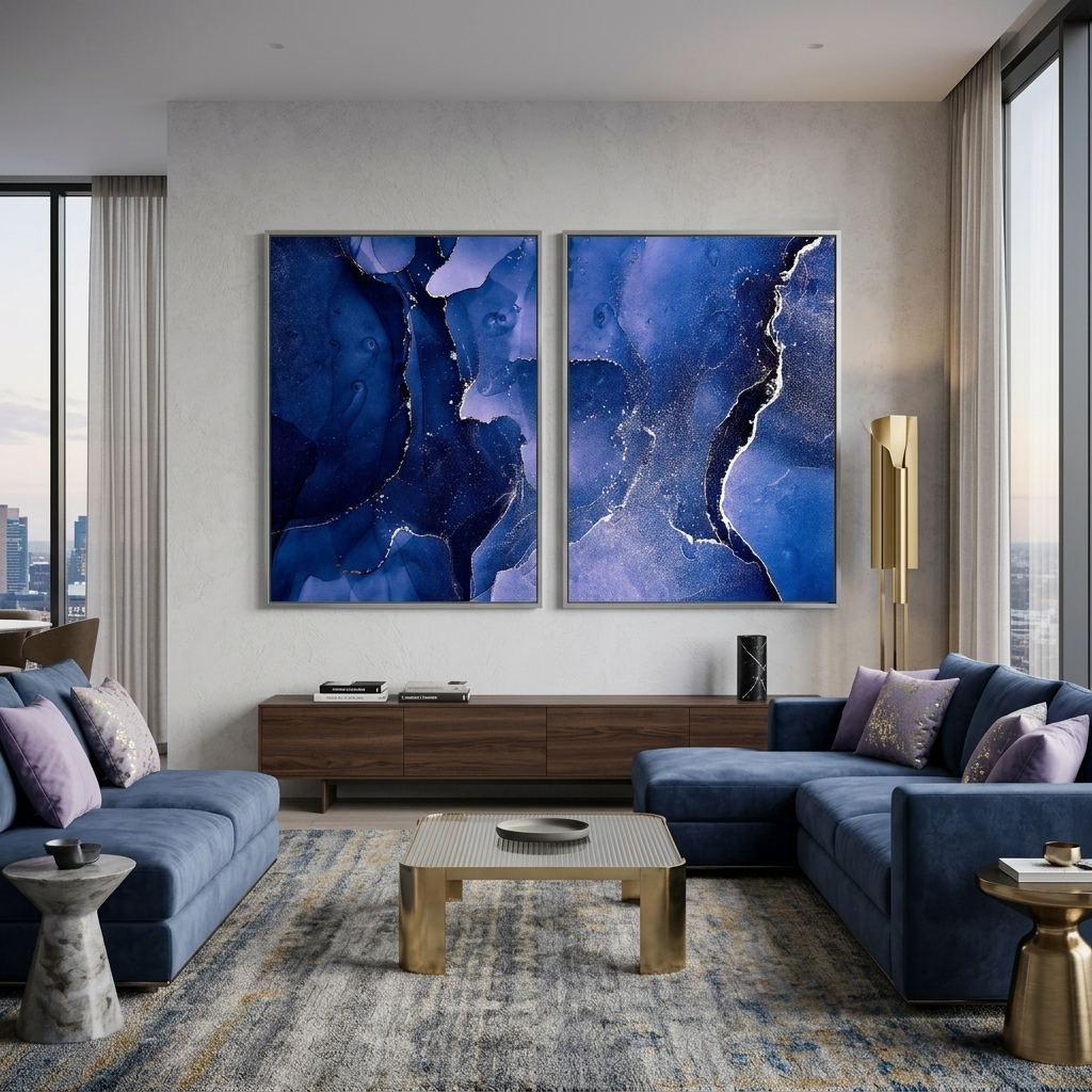 Modularer blauer abstrakter Kunstdruck mit weißen Linien und blauen Farbtönen, mehrteilig, auf Leinwand