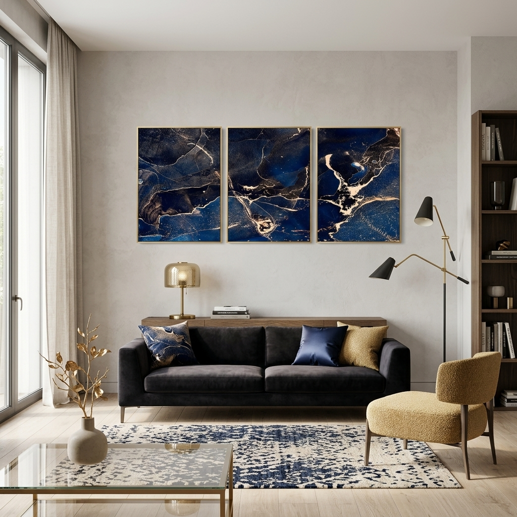 Modular abstract deep blue with gold elements Multi Panel Canvas Wall Art Print