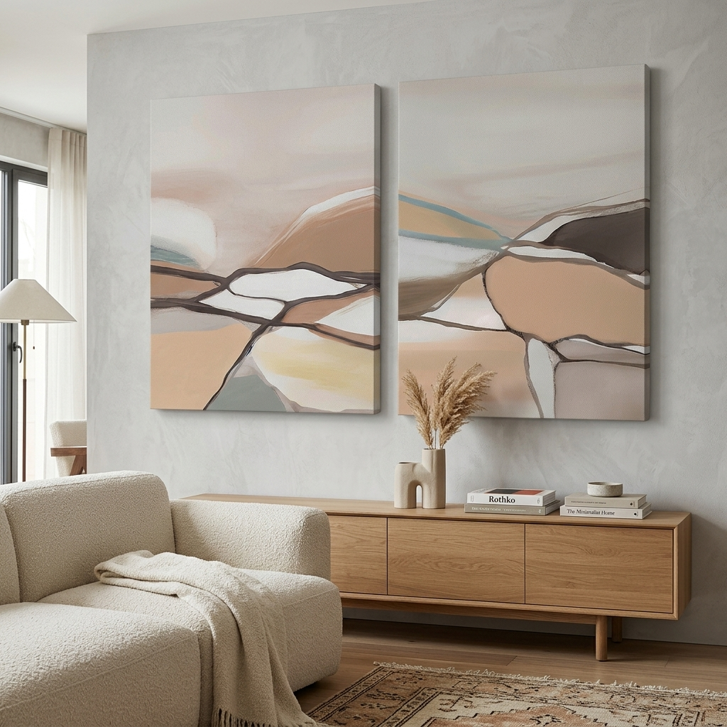 Modularer blasser abstrakter Kunstdruck mit Linien, mehrere Teile auf Leinwand