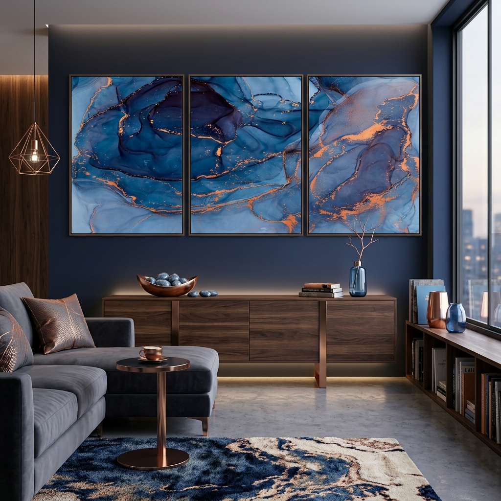 Modularer, abstrakter Kunstdruck auf Leinwand, mehrere Teile, Marineblau