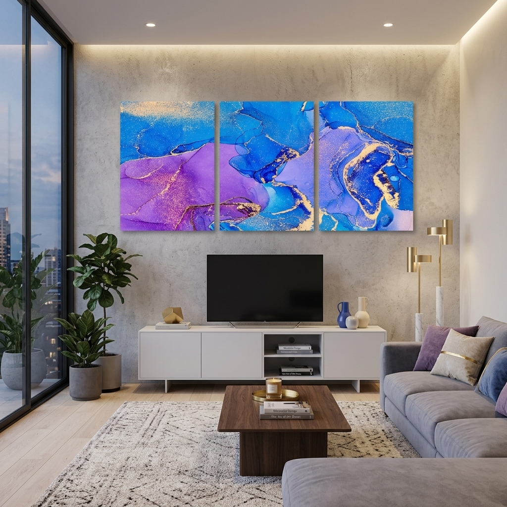 Modularer abstrakter Kunstdruck auf Leinwand, mehrere Teile, in Lila- und Blautönen