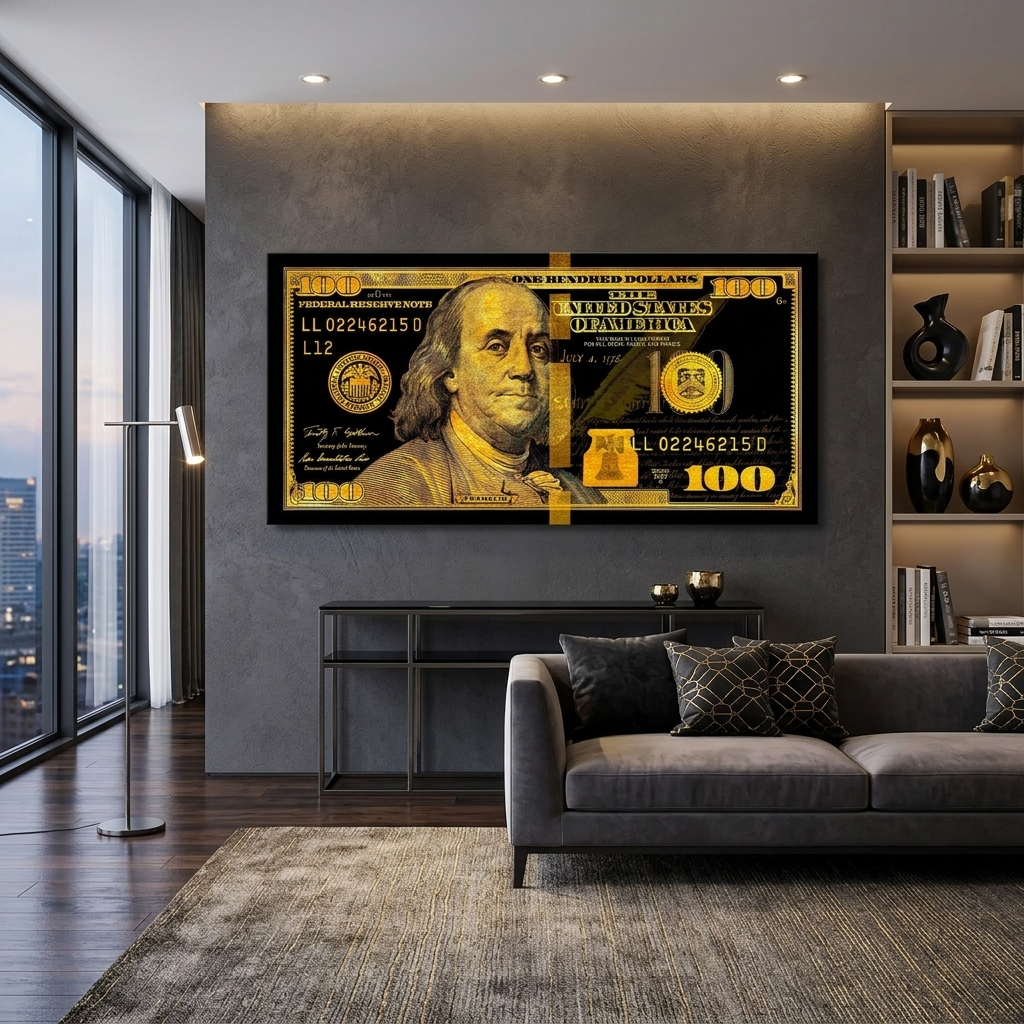 100 Dollar Schein Schwarz und Gold Motivierender Leinwand-Kunstdruck