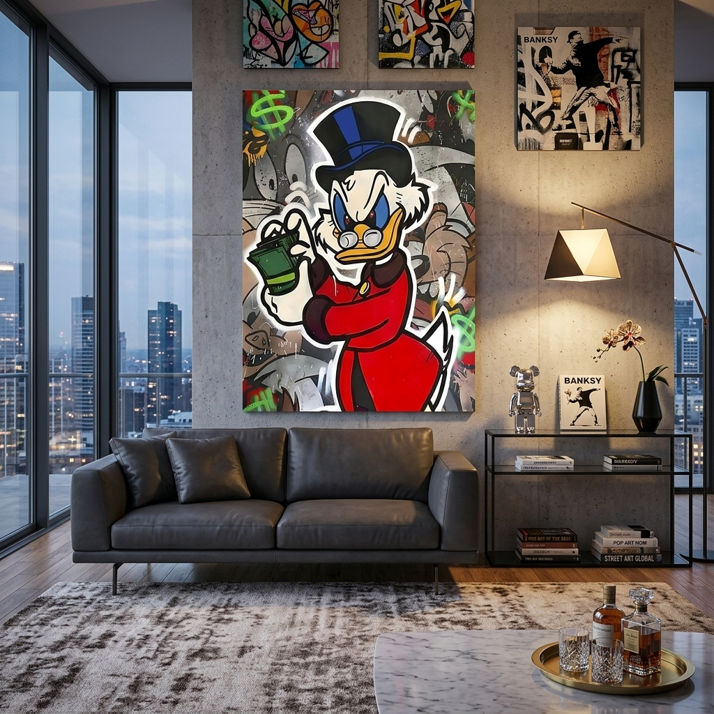 Scrooge with a wad of dollars Inspirational Canvas Wall Art Print