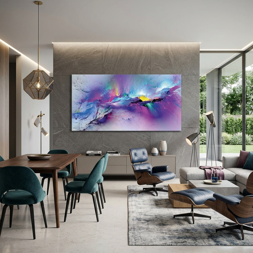 Violett-blaue Abstraktion mit kleinen Details aus Gelb und Rosa Abstraktion auf Leinwand, Kunstdruck