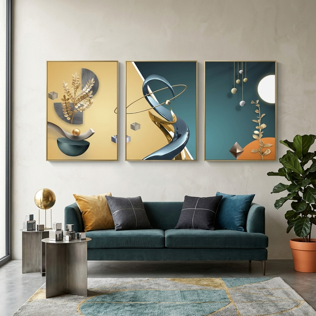 Mehrteiliger Kunstdruck auf Leinwand, Blau-Gold-Abstraktion