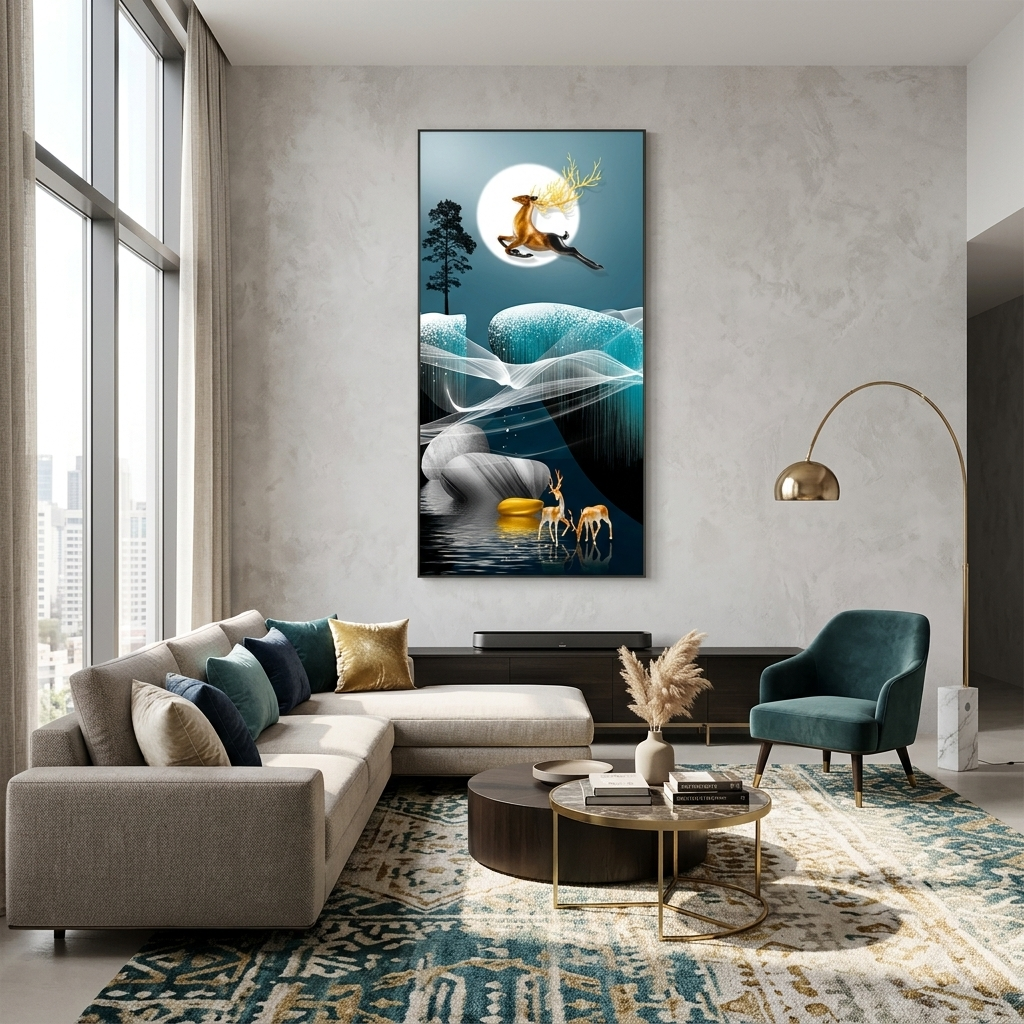 Leinwandbild „Drei Hirsche, Mond und Baum“, abstrakt, Wandbild