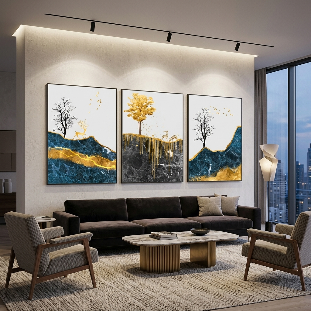 Modularer abstrakter Hirschgang mit ausgeprägter goldener Farbe, mehrteiliger Kunstdruck auf Leinwand