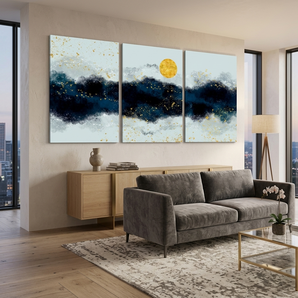 Modularer dreiteiliger grau-blauer abstrakter Multi-Panel-Leinwand-Wand-Kunstdruck