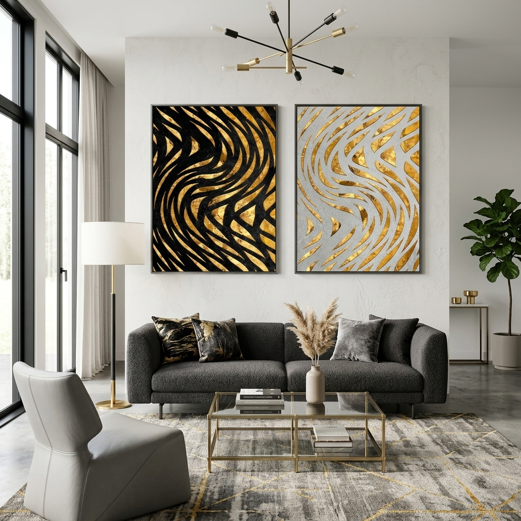 Modularer abstrakter goldener Linien auf weißem und schwarzem Hintergrund, mehrteiliger Leinwand-Kunstdruck
