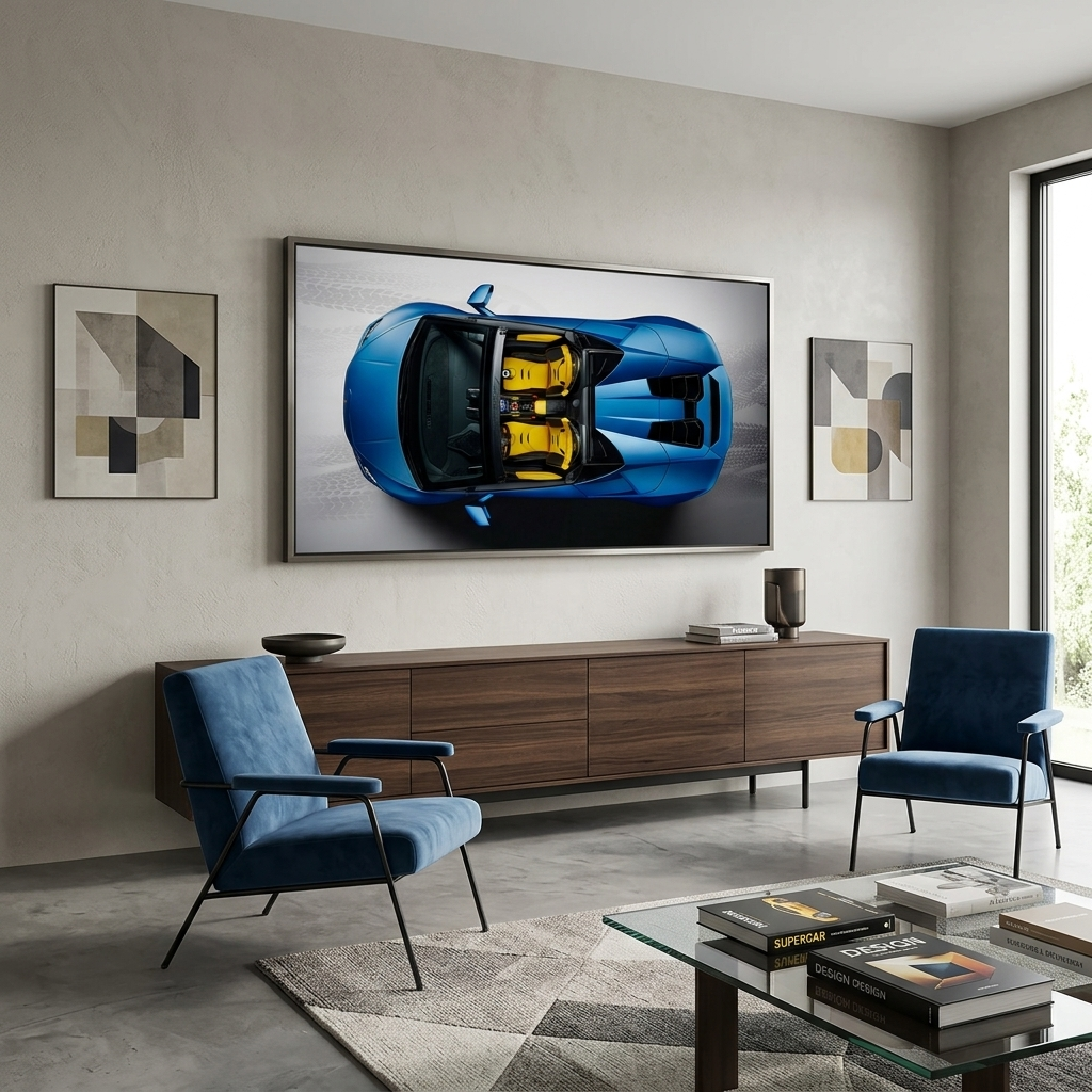 Leinwandbild „Auto blau mit gelbem Lamborghini“