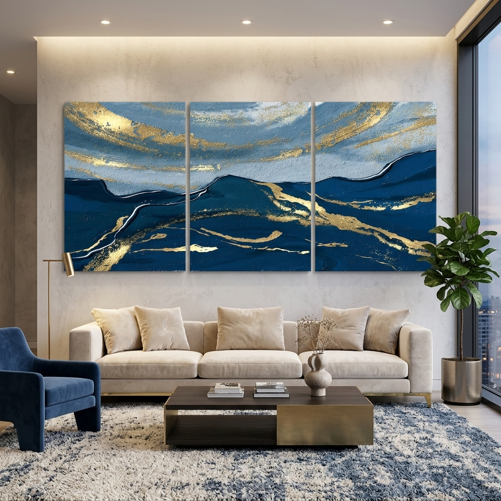 Modularer, abstrakter, tiefblauer, mehrteiliger Kunstdruck auf Leinwand