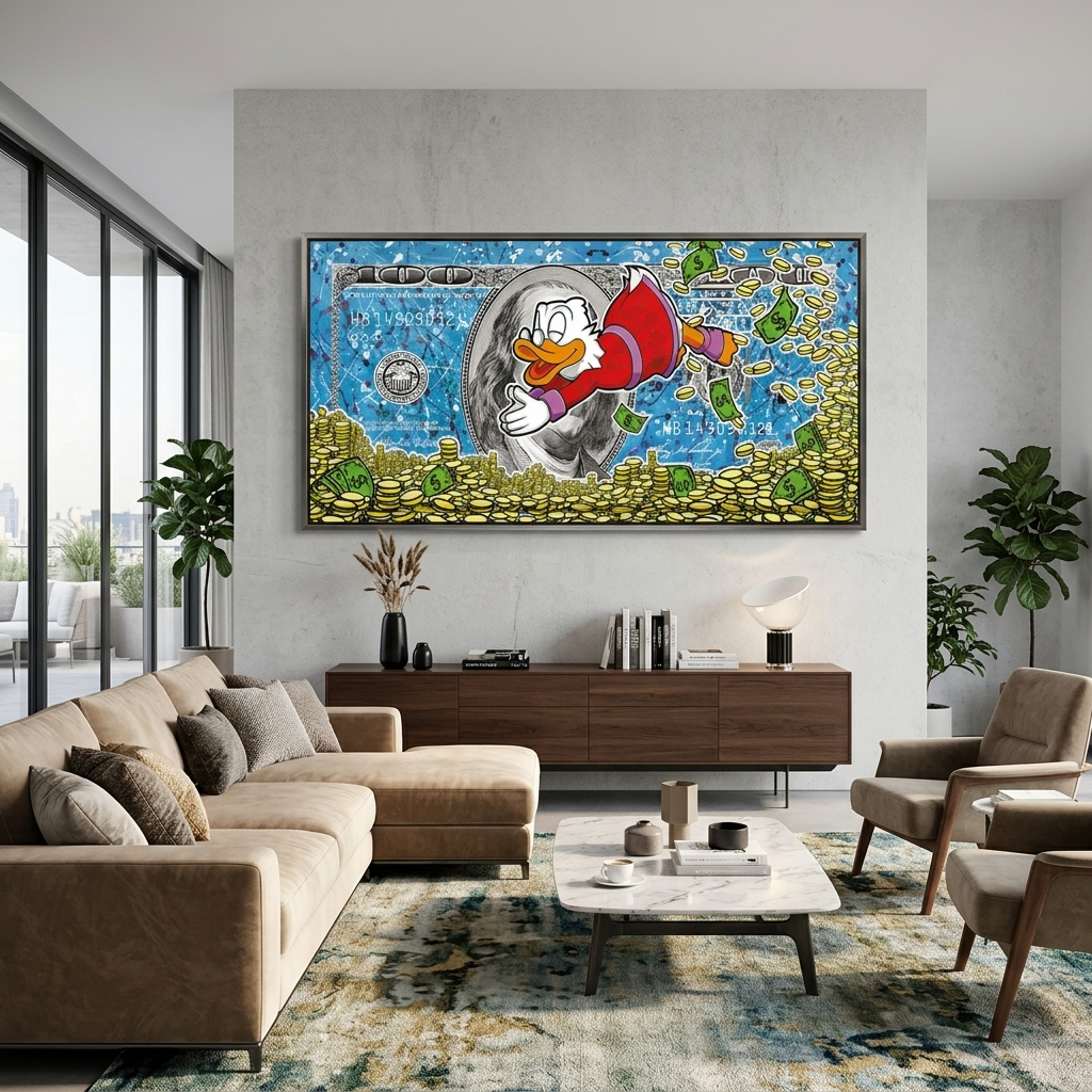 Dagobert taucht in die Münzen ein. Inspirierender Kunstdruck auf Leinwand.