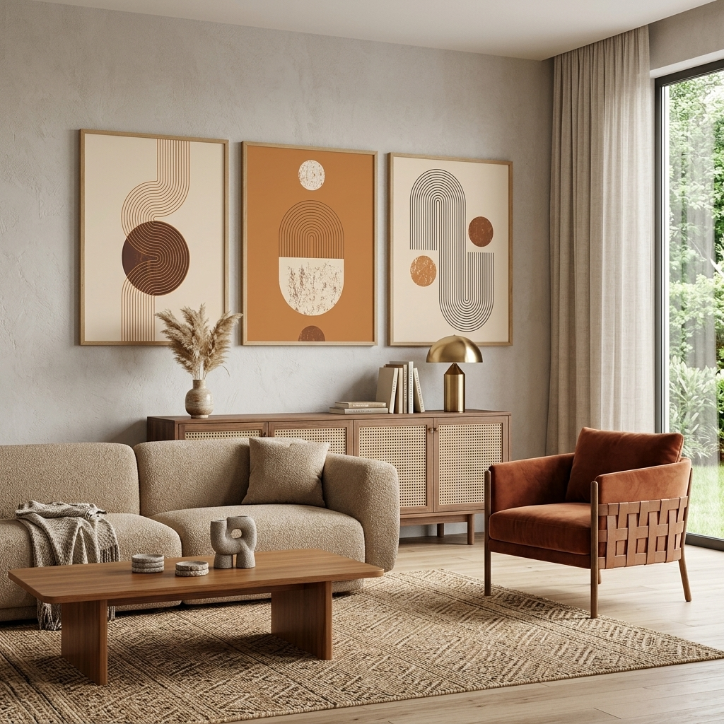 Modularer Kunstdruck auf Leinwand mit Figuren in Beige und Braun, mehrere Teile