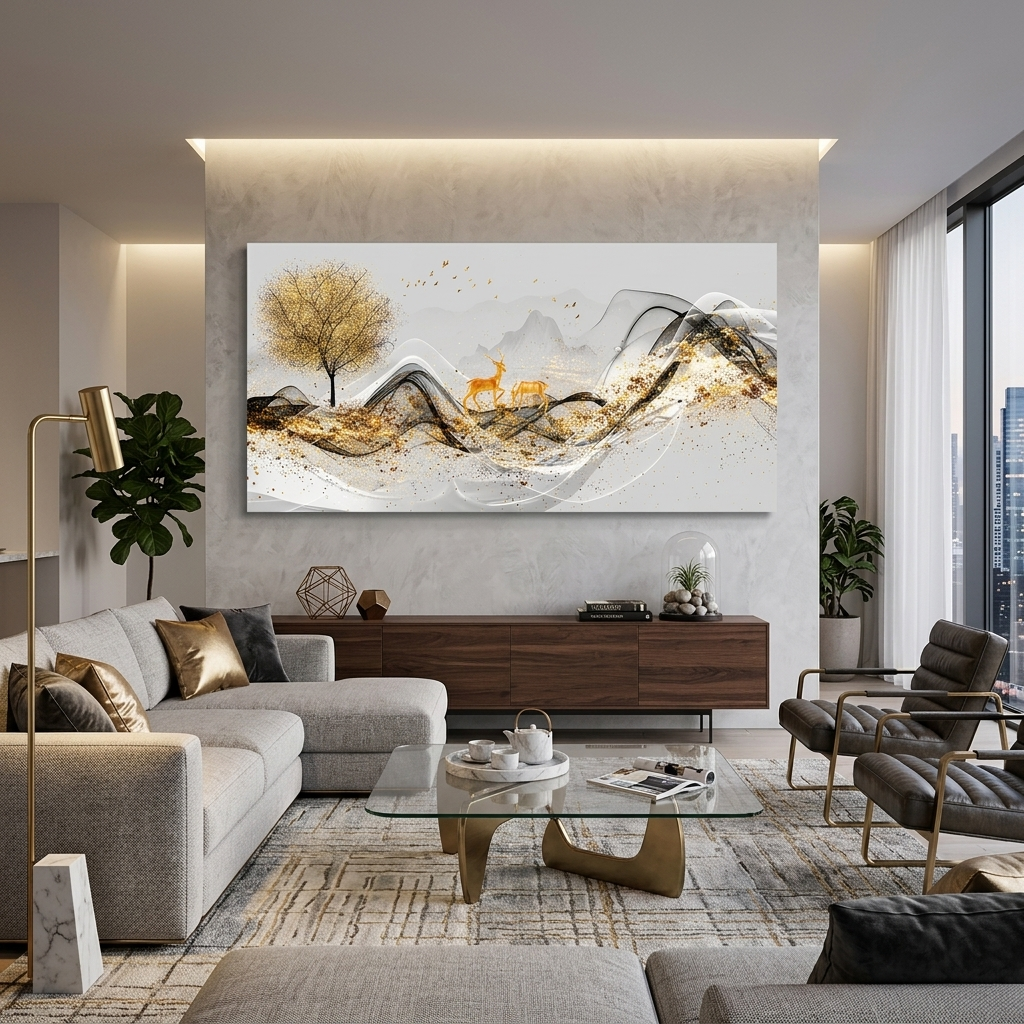 Zwei Hirsche in der Nähe eines Baumes mit einem Berg im Hintergrund Abstraktion Leinwand Wand Kunstdruck
