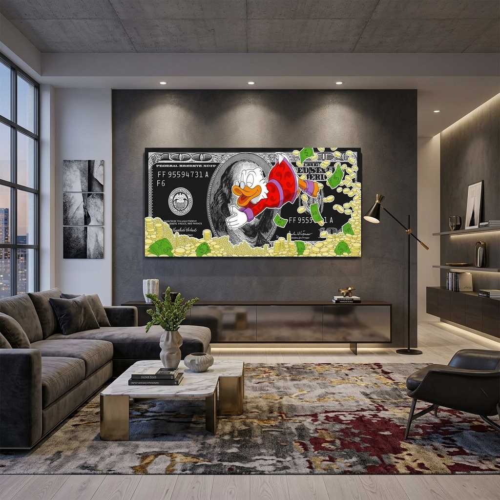 Scrooge's Meer aus Geld, Dollar, inspirierender Kunstdruck auf Leinwand