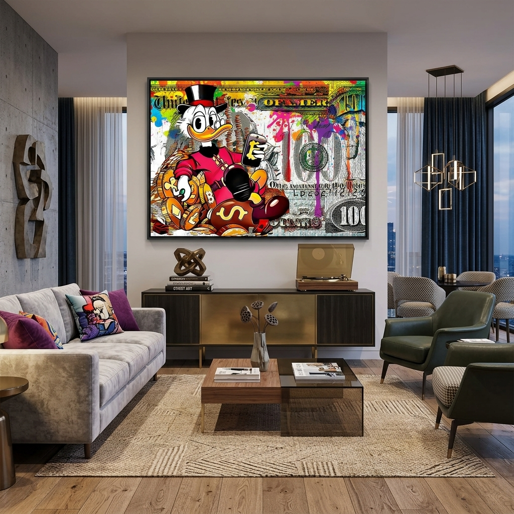Scrooge 100 Dollar Inspirierender Kunstdruck auf Leinwand