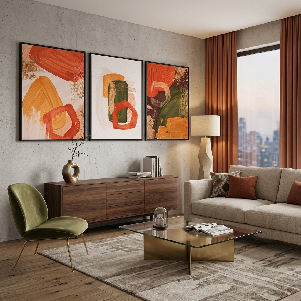 Modularer gelb-orangefarbener abstrakter Kunstdruck mit grünen Elementen, mehrere Teile auf Leinwand