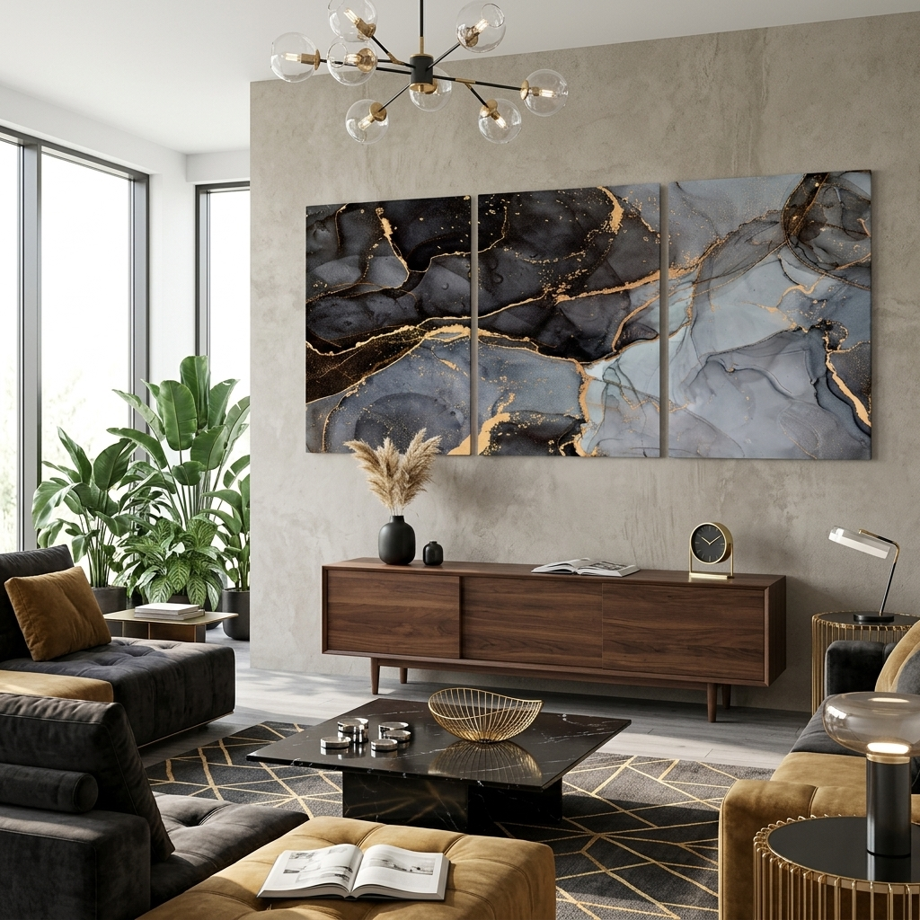 Modularer abstrakter Kunstdruck auf Leinwand, mehrere Teile, grau und schwarz