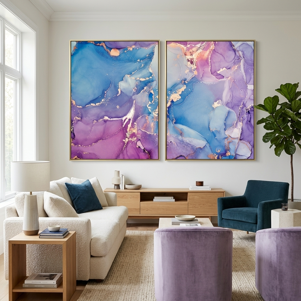 Modularer abstrakter Kunstdruck auf mehrteiliger Leinwand in Blau und zartem Lila mit goldenen Linien