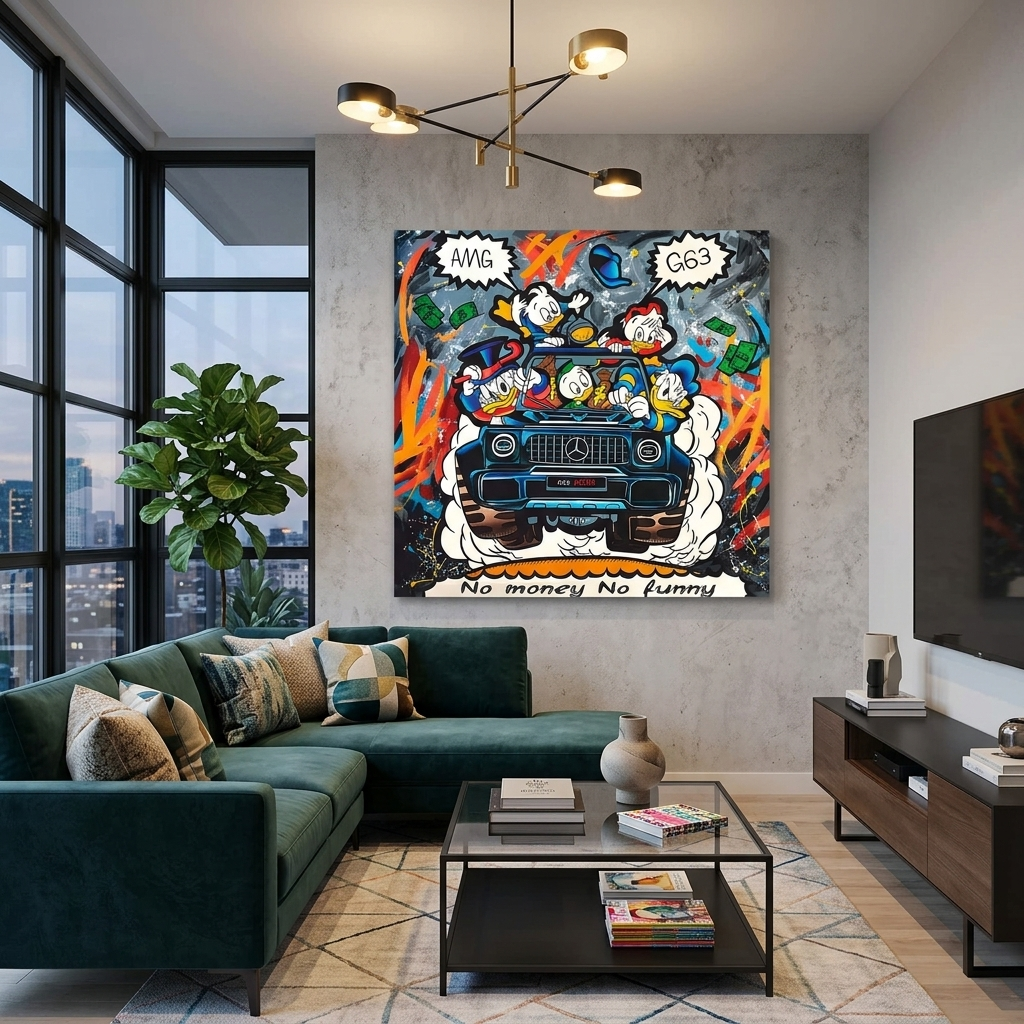 Inspirierender Kunstdruck auf Leinwand, Motiv „Scrooge on Mercedes“