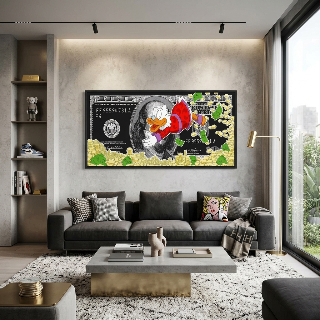 Scrooge's Meer aus Geld, Dollar, inspirierender Kunstdruck auf Leinwand