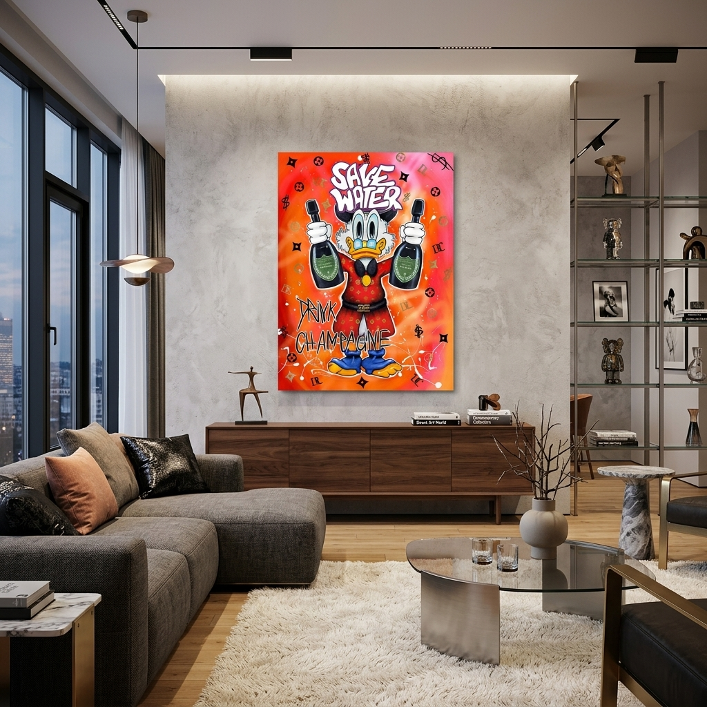 Scrooge graffiti street art save the water, drink the champagne Motivational Canvas Wall Art Print