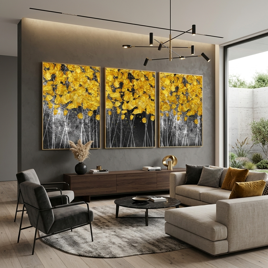 Modularer Kunstdruck auf Leinwand, mehrteilig, mit goldenen Punkten auf dunkelgrauem Hintergrund