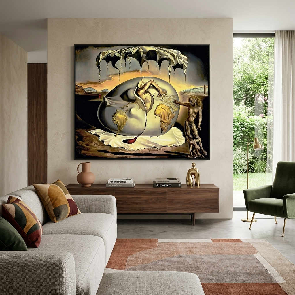 Ein geopolitisches Kind wird Zeuge der Geburt eines neuen Menschen, Reproduktion von Salvador Dali, Kunstdruck auf Leinwand