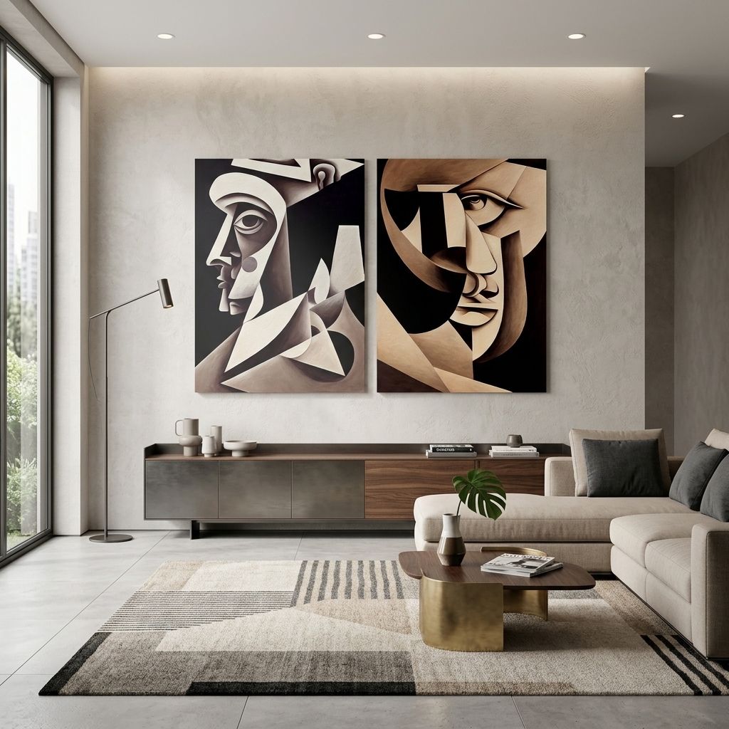 Modulares 2-teiliges Diptychon „Zwei Porträts, abstrakter Kubismus“, mehrteiliger Kunstdruck auf Leinwand