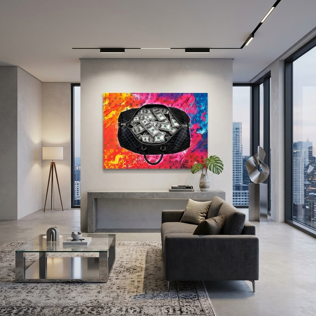 Schwarze Tasche mit 100-Dollar-Scheinen auf hellem Hintergrund. Inspirierender Kunstdruck auf Leinwand.