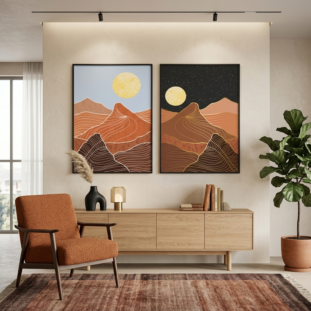 Modularer Kunstdruck auf Leinwand, mehrteilig, Berge bei Tag und bei Nacht