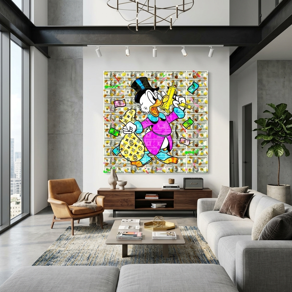 Dagobert Duck mit einem Sack voll Geld und einer Pistole – Inspirierender Kunstdruck auf Leinwand