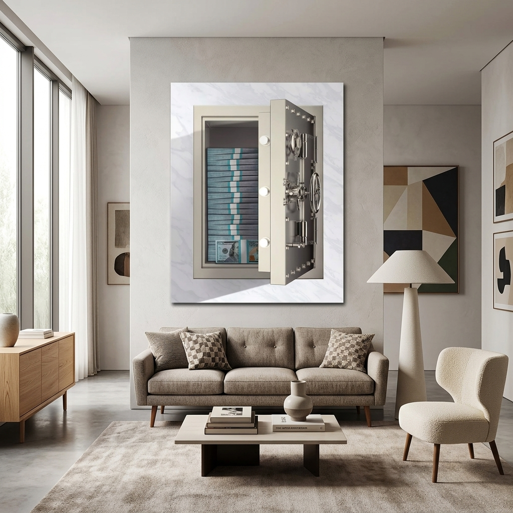 Der Safe mit dem Geld Inspirierender Kunstdruck auf Leinwand